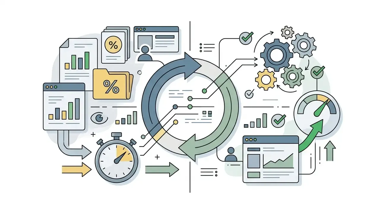 Circular process diagram linking data reports, a stopwatch, and performance gears to efficiency metrics