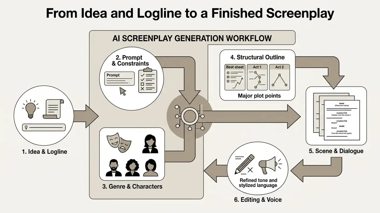 Flowchart illustrating the six steps of an AI movie script generator from initial idea to final dialogue