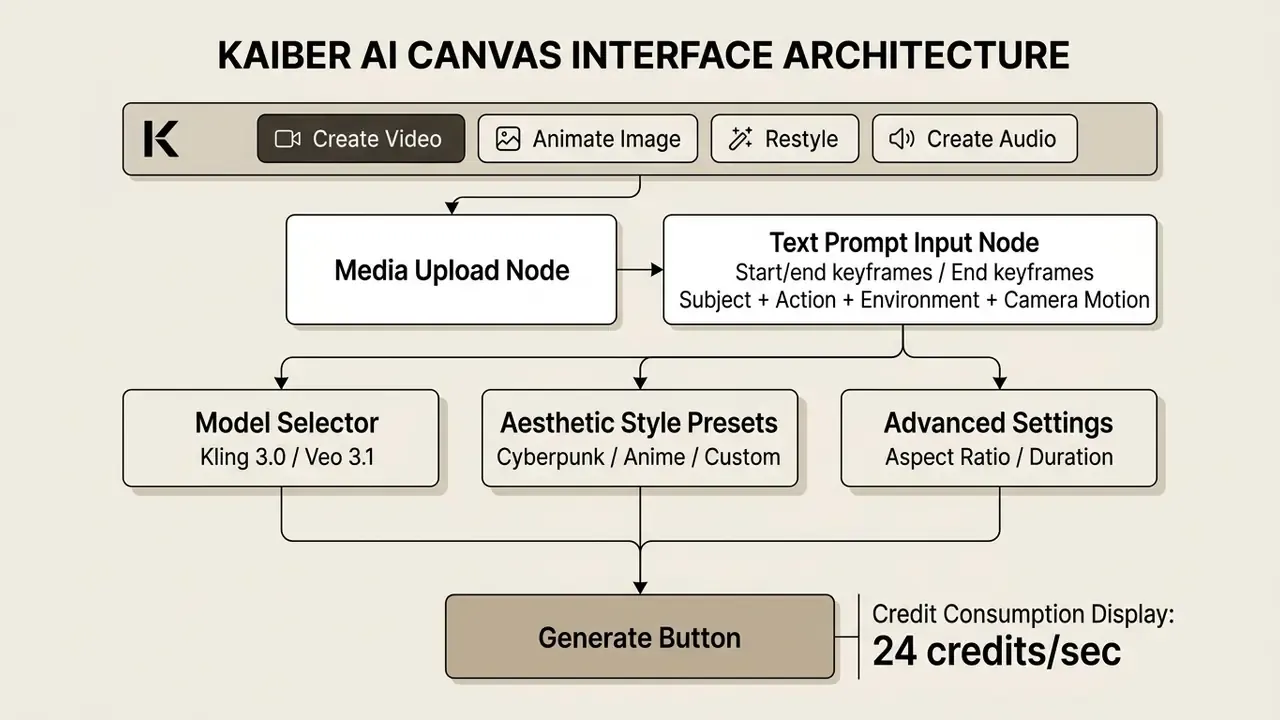 Diagram detailing the Kaiber AI canvas architecture with nodes for media input, prompts, and style settings