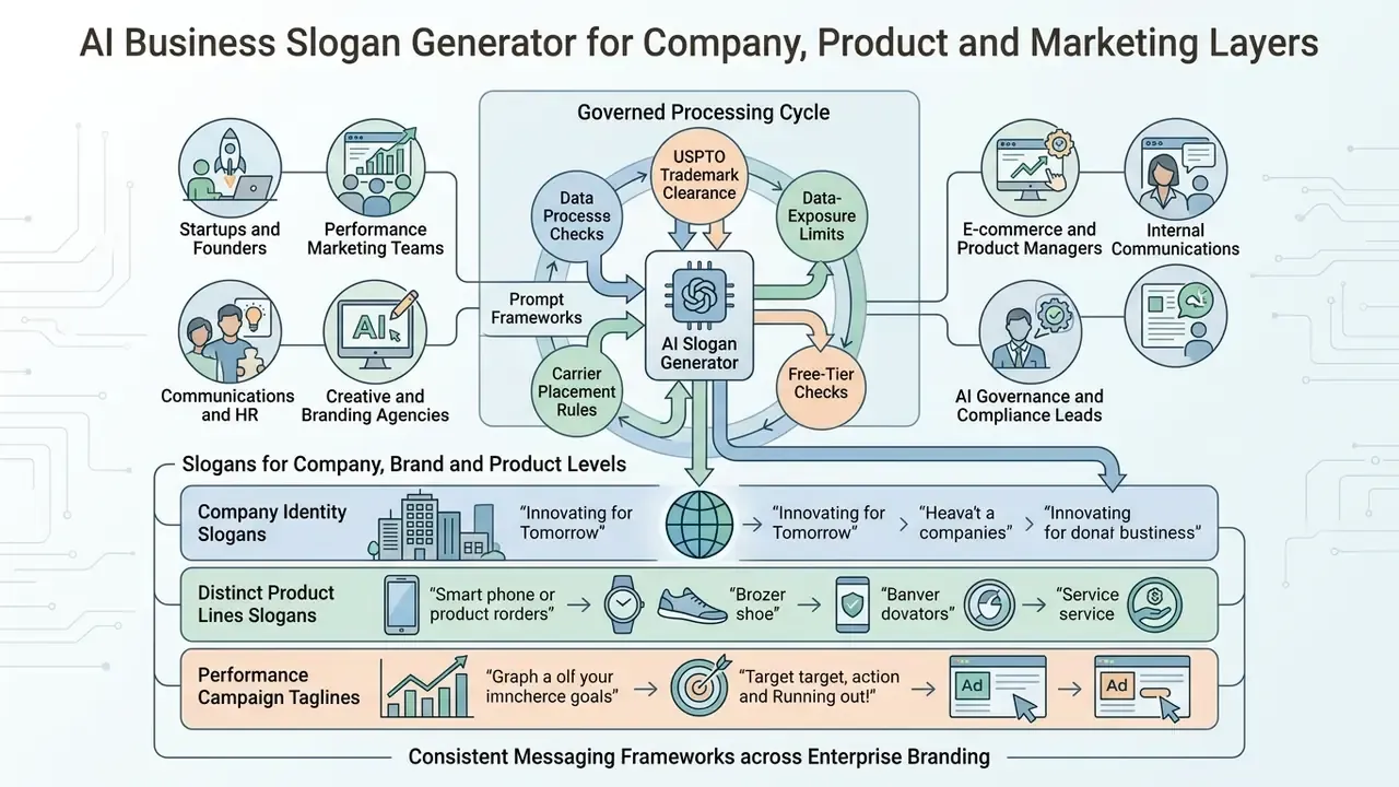 Circular workflow connecting enterprise roles to a central processing hub for branding and marketing output