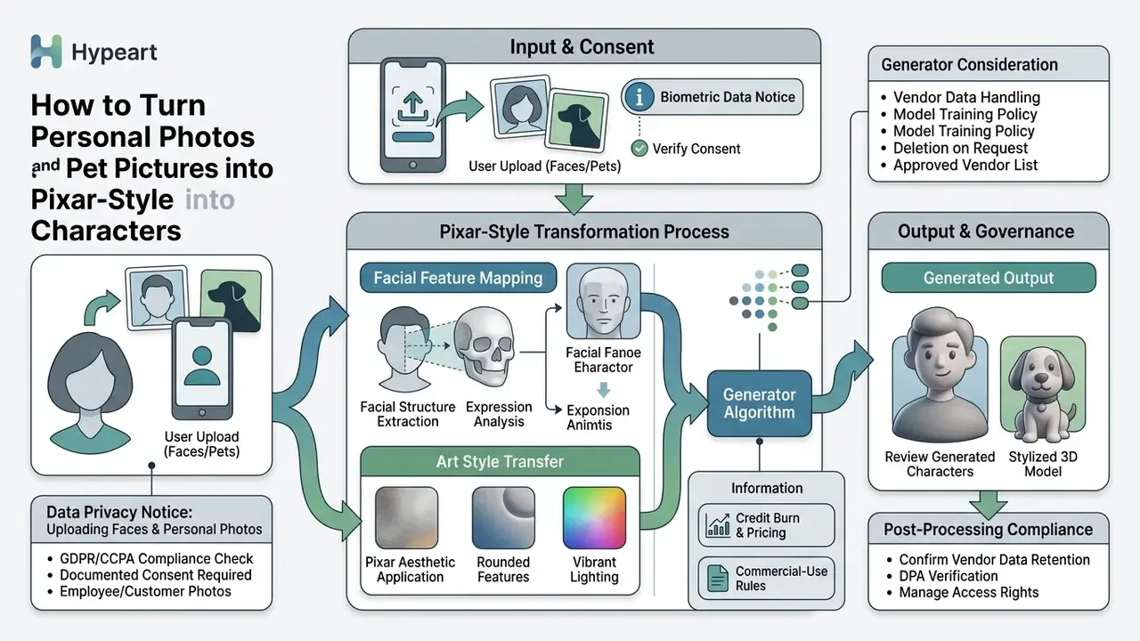 Diagram showing the data privacy and technical steps for creating AI generated Pixar movies