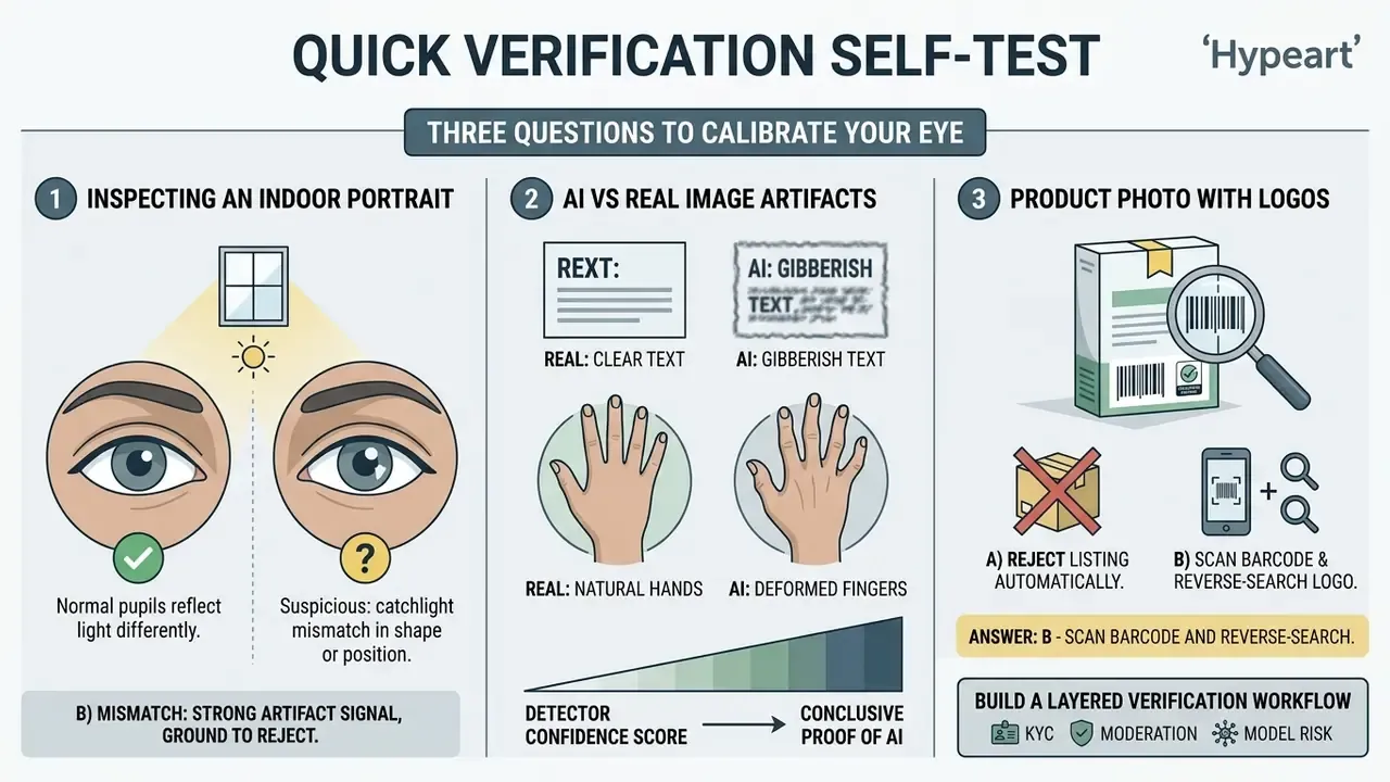 Three panels detailing visual checks for eye reflections, text clarity, hand anatomy, and product logos