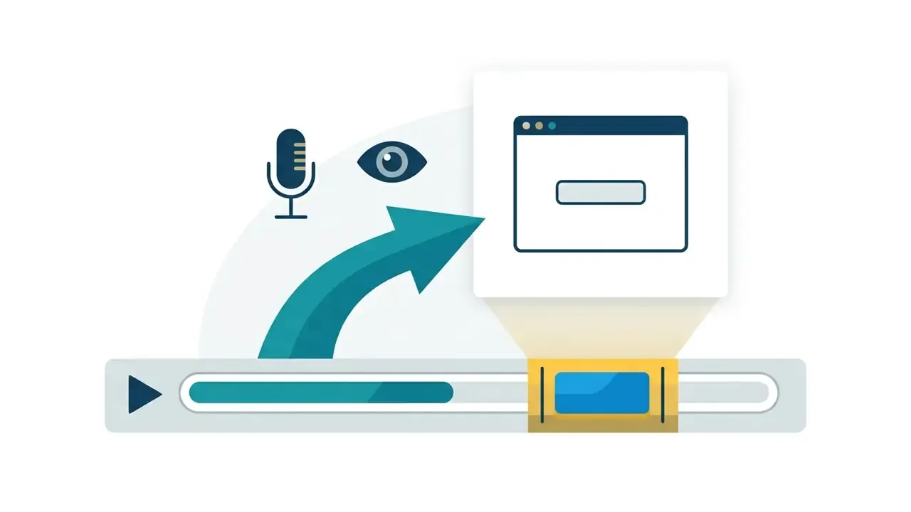 Arrow pointing from microphone and eye icons toward a browser window on a video playback timeline