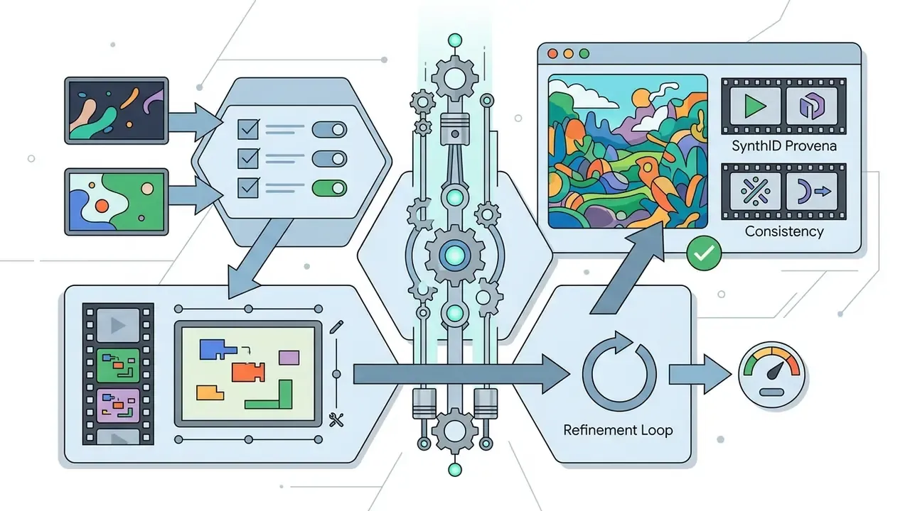 Iterative Google Veo workflow showing preview generation, refinement loops, and final HD video export