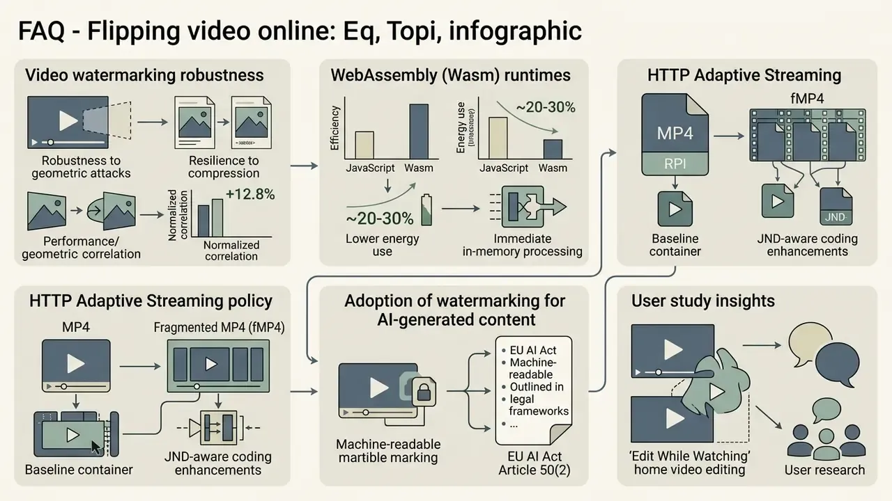 Diagram showing technical research on video watermarking, WebAssembly efficiency, and streaming protocols