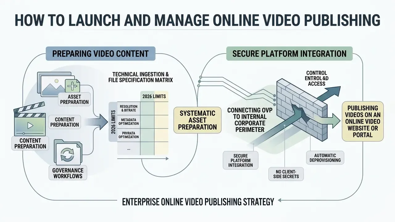 Workflow diagram showing video asset preparation and secure corporate integration for publishing