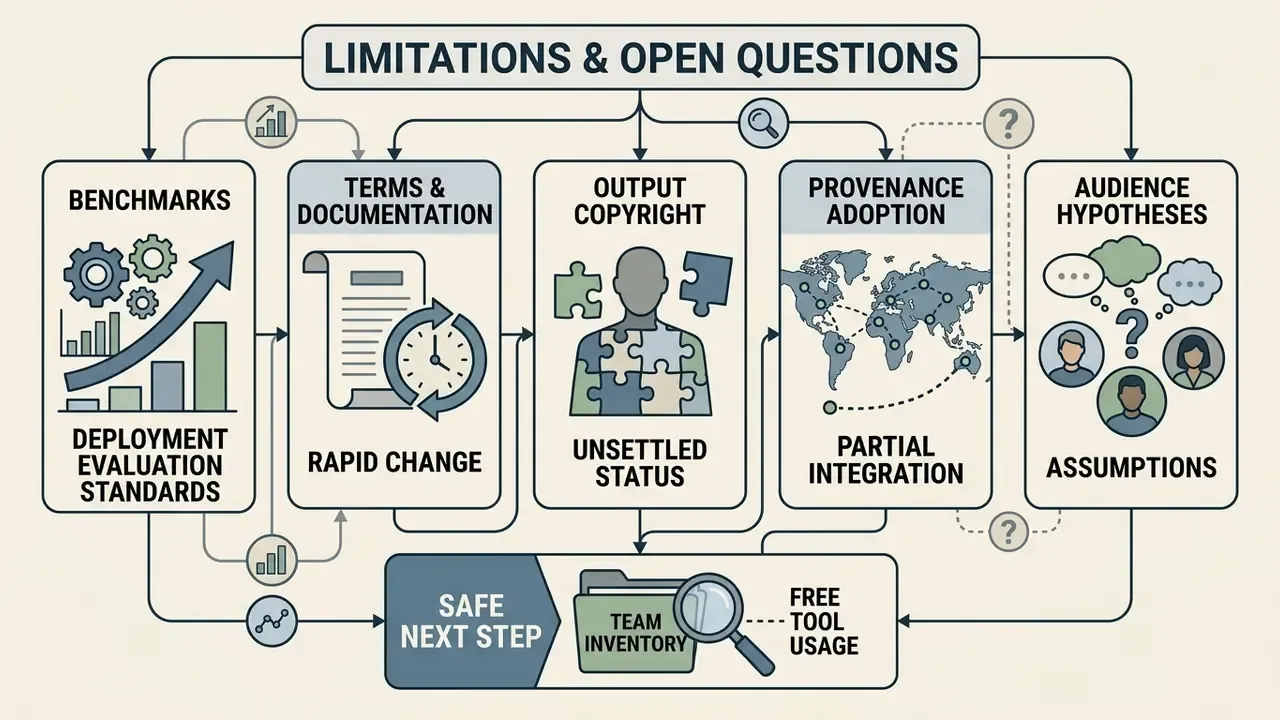 Flowchart outlining unresolved challenges like copyright, provenance, and benchmarks for AI tool adoption