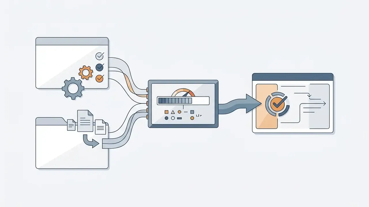 Document and settings icons feeding into a processing unit that outputs a verified ticket status