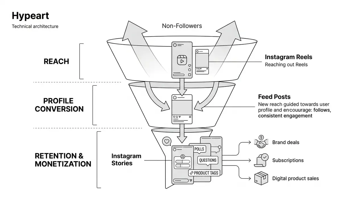 Funnel diagram showing Instagram Reels for reach, Feed Posts for conversion, and Stories for monetization
