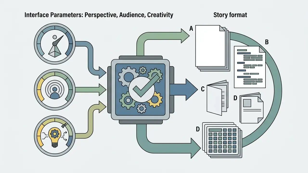 Gauges for perspective and audience feeding into a central gear mechanism linked to diverse story formats