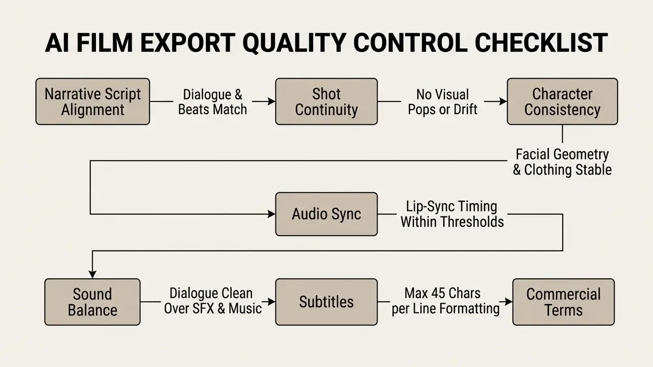 Sequential checklist of technical requirements for film production including script, visual, and audio checks