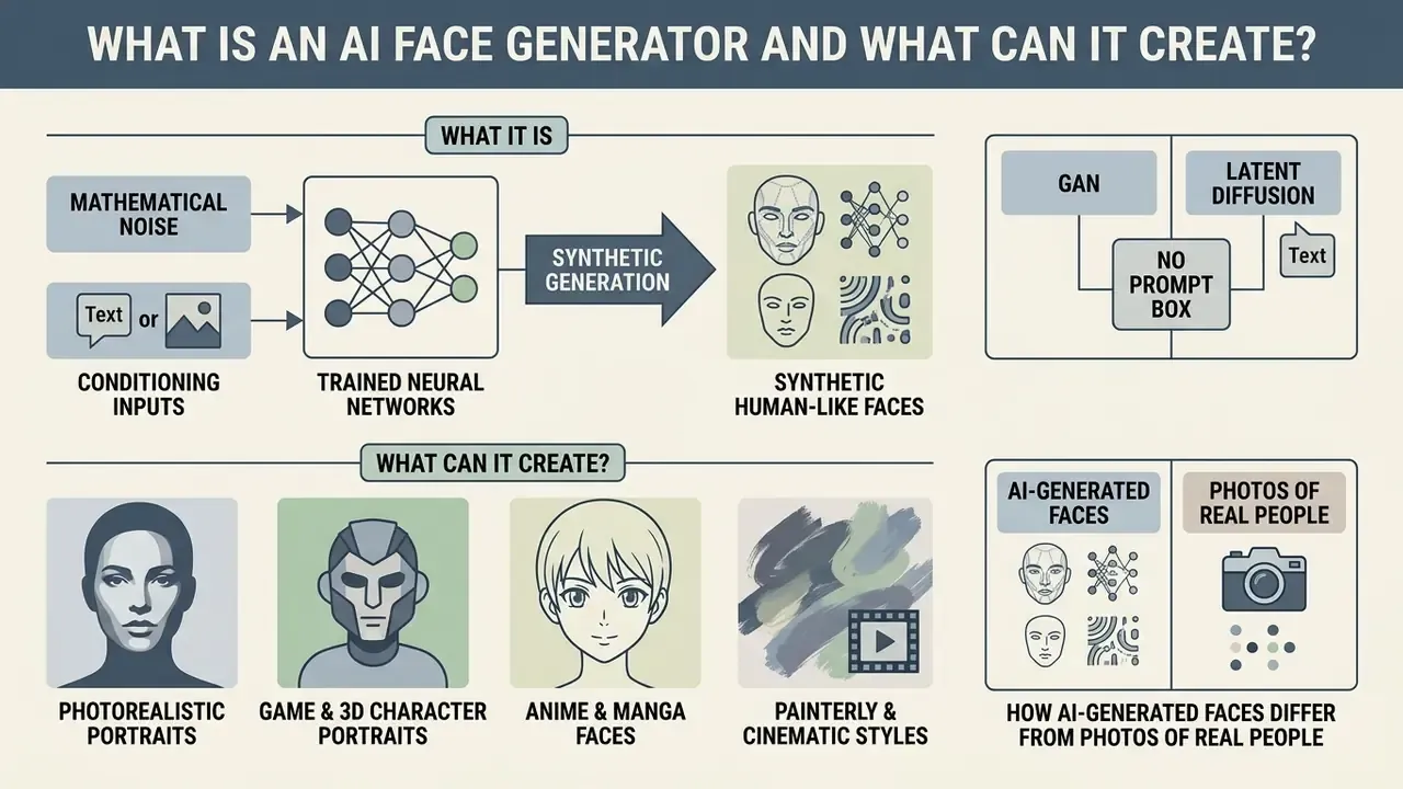 Diagram showing neural networks processing inputs to create diverse synthetic human faces and styles