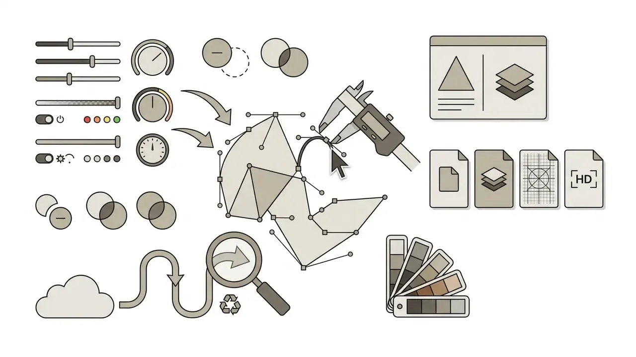 Vector editing tools including sliders, gauges, calipers, and color swatches modifying a path shape