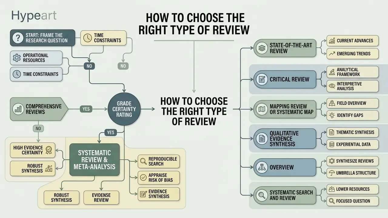 Decision flowchart mapping research questions and resource constraints to specific review methodologies