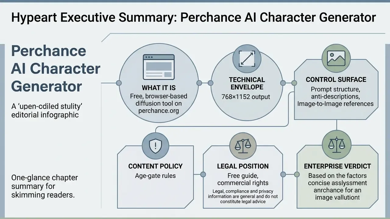 Flowchart outlining the Perchance AI character generator features including technical and legal aspects