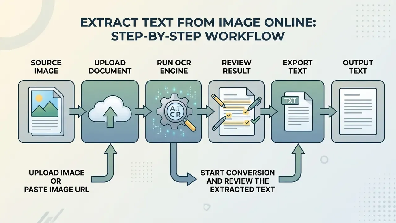 Linear process diagram showing six stages to extract text from an image through OCR and file conversion