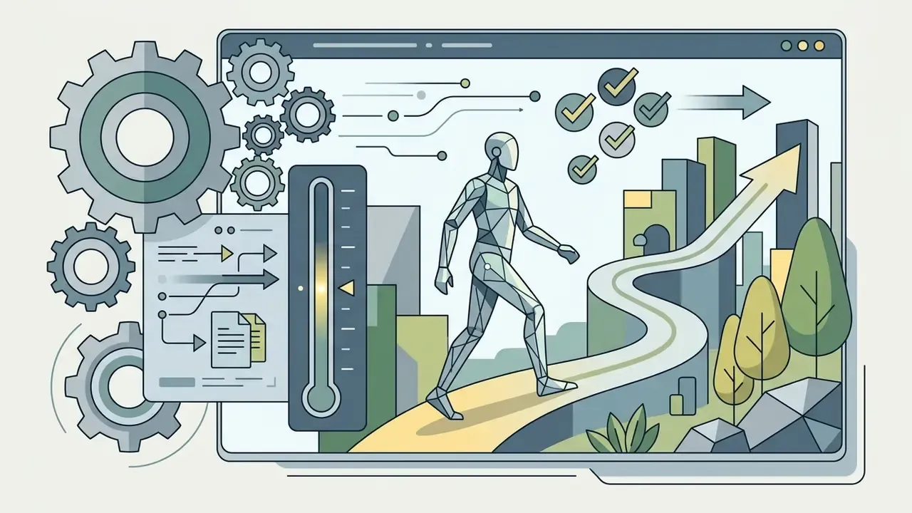 Digital humanoid model walking along a path through a stylized environment with gears and control panels