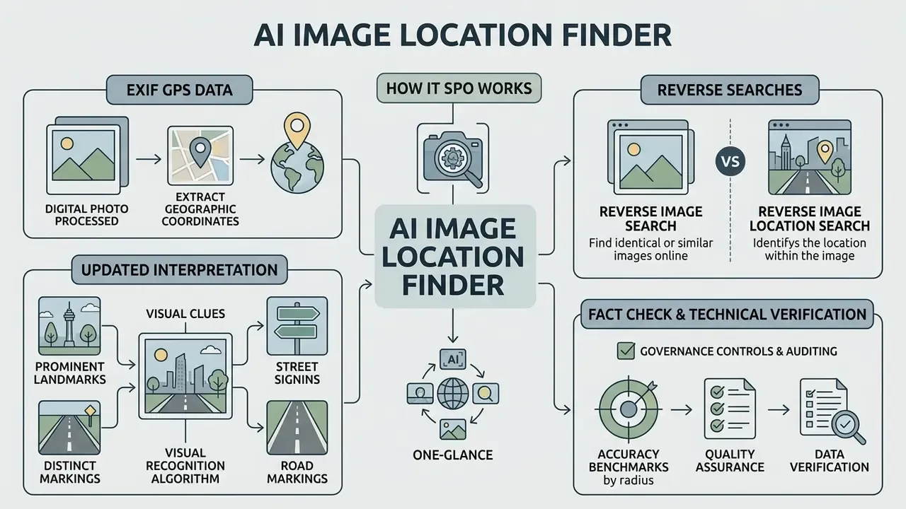 Diagram detailing the processes of an AI image location finder through data extraction and verification