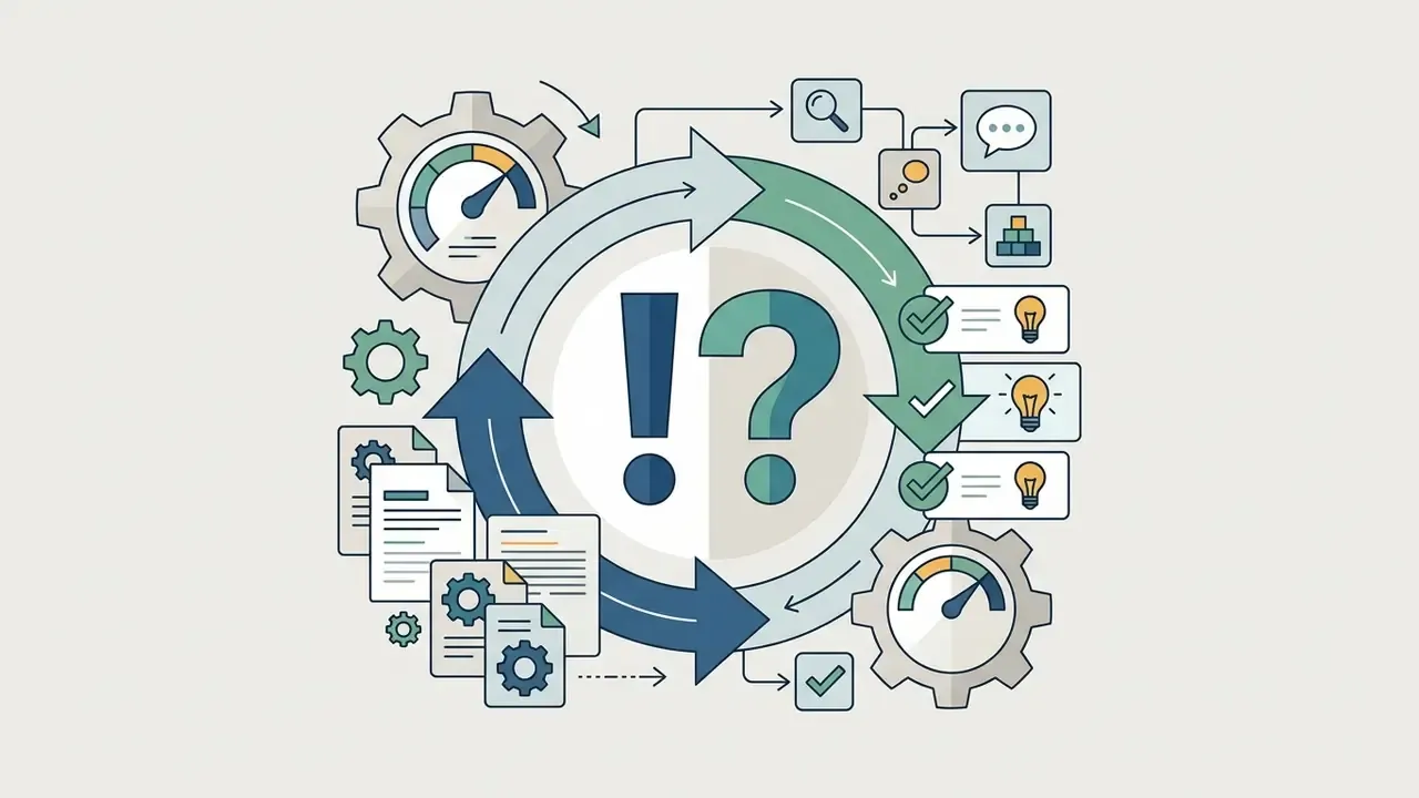 Exclamation and question marks inside a circular arrow cycle with gears, documents, and lightbulb icons