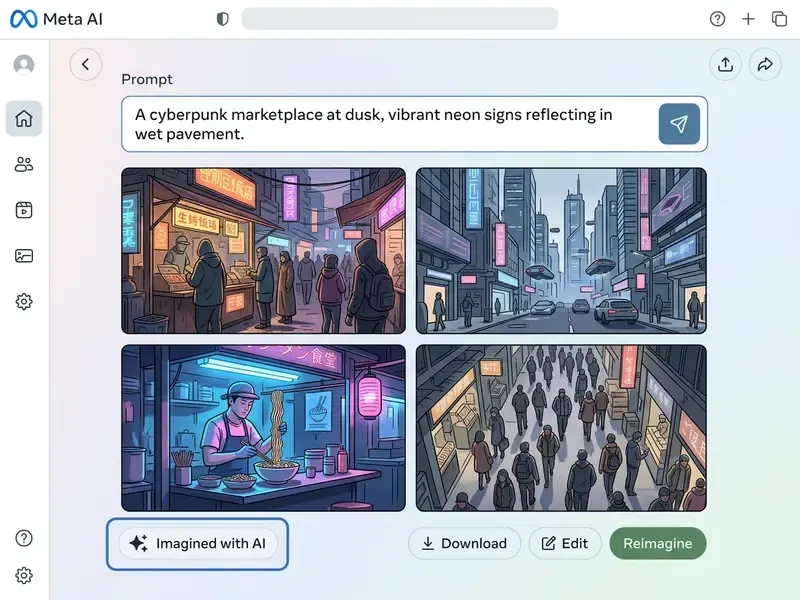 Meta AI browser interface displaying a text prompt and a grid of four generated cyberpunk city images