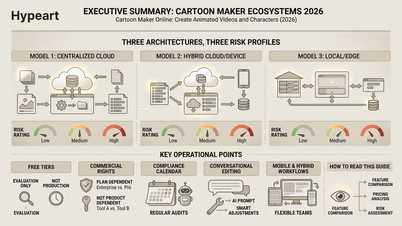 Infographic comparing three cartoon maker architectures with risk profiles and key operational points