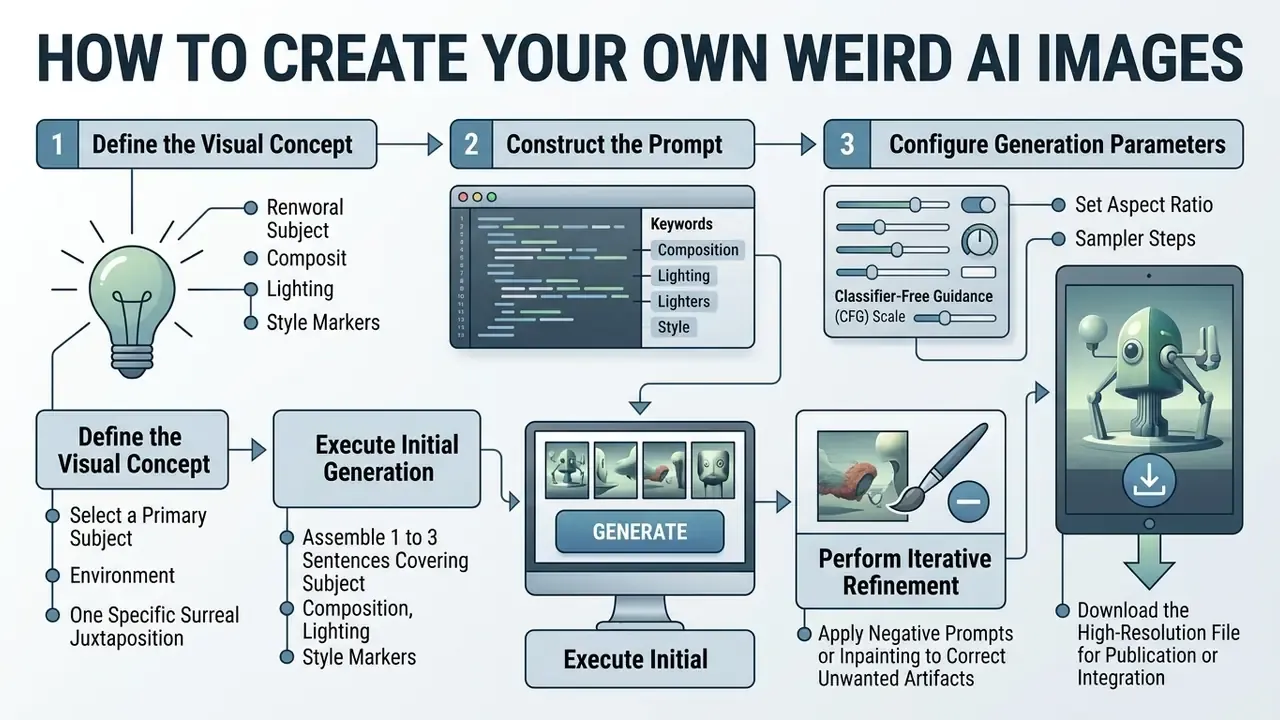 Sequential workflow diagram detailing steps from conceptualizing prompts to refining and downloading files