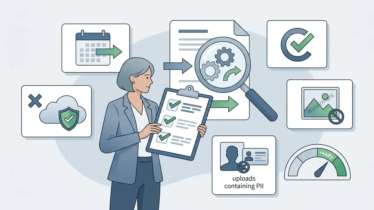 Professional woman holding a clipboard surrounded by icons representing document review and data compliance