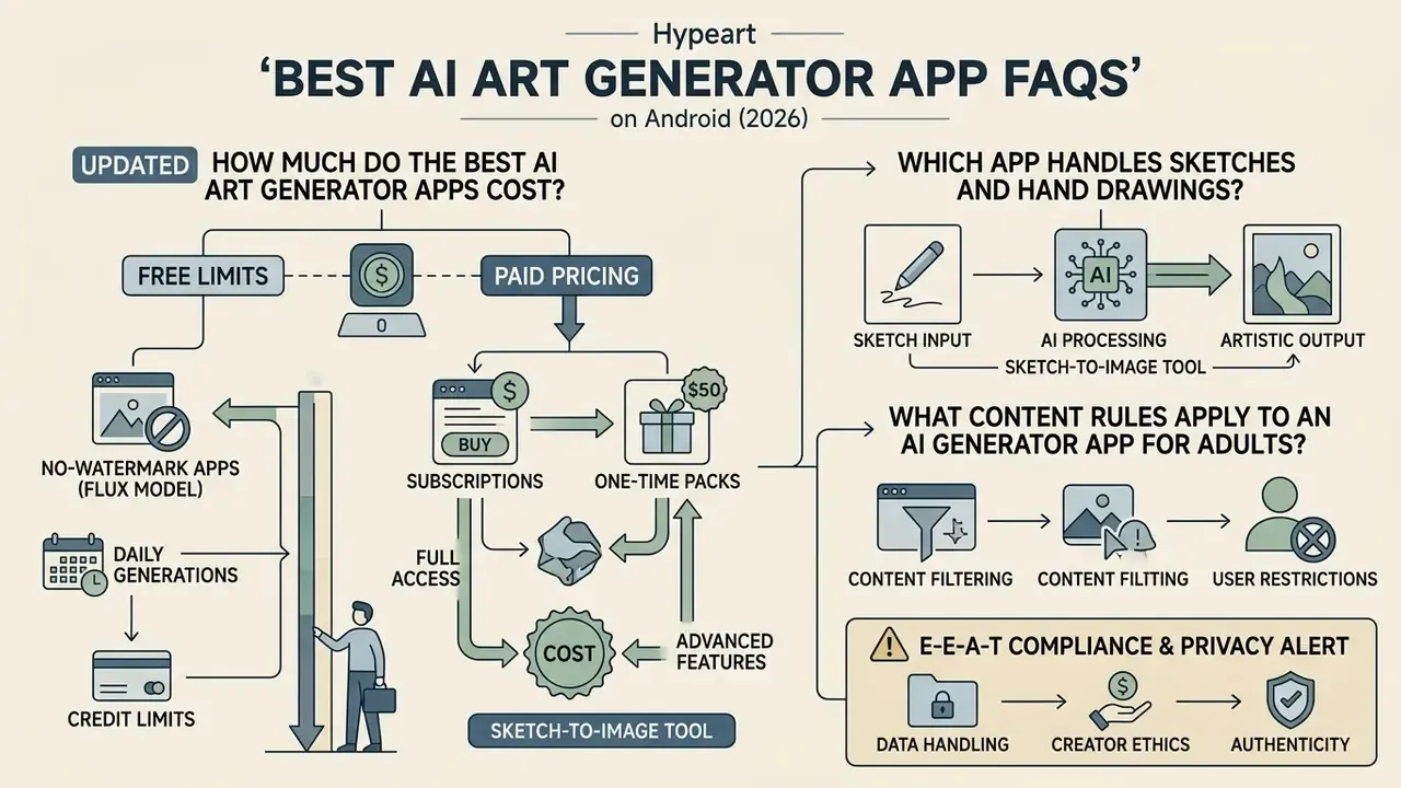 Summary of costs, sketch processing, content rules, and privacy for an AI art generator app