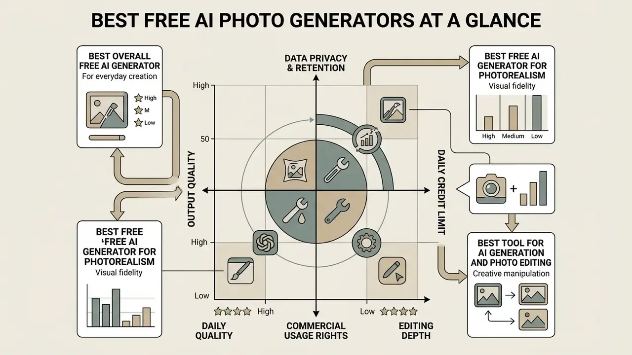 Infographic comparing AI photo generators across metrics like output quality and daily credit limits