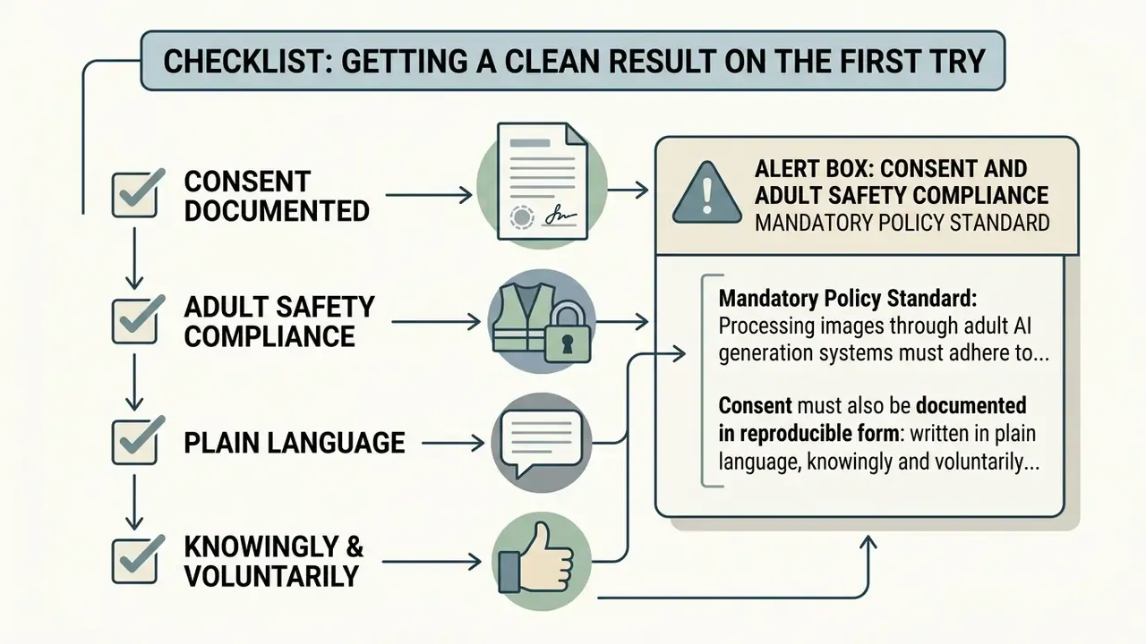 Checklist showing steps for documenting consent and ensuring adult safety compliance for AI generation