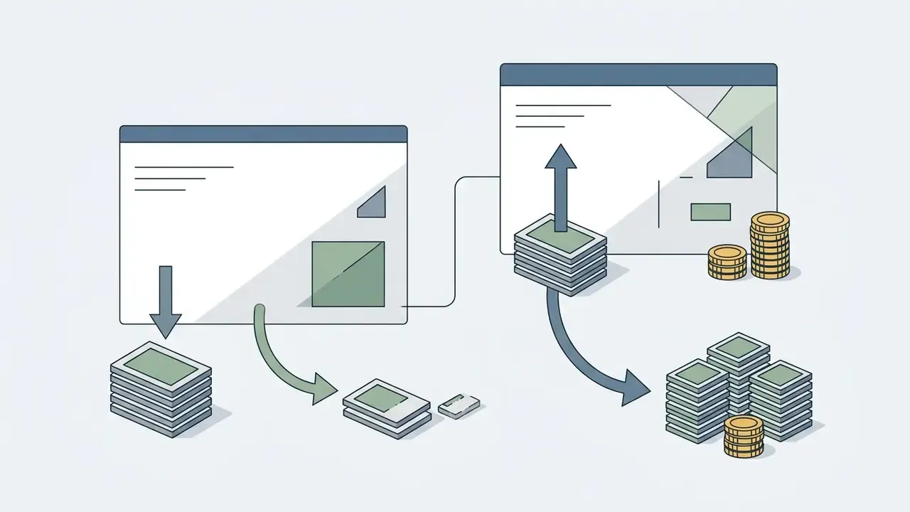 Digital documents moving between software windows alongside stacks of coins representing pricing tiers