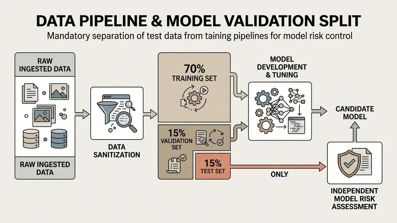 Process showing raw data moving through sanitization into training, validation, and isolated test sets