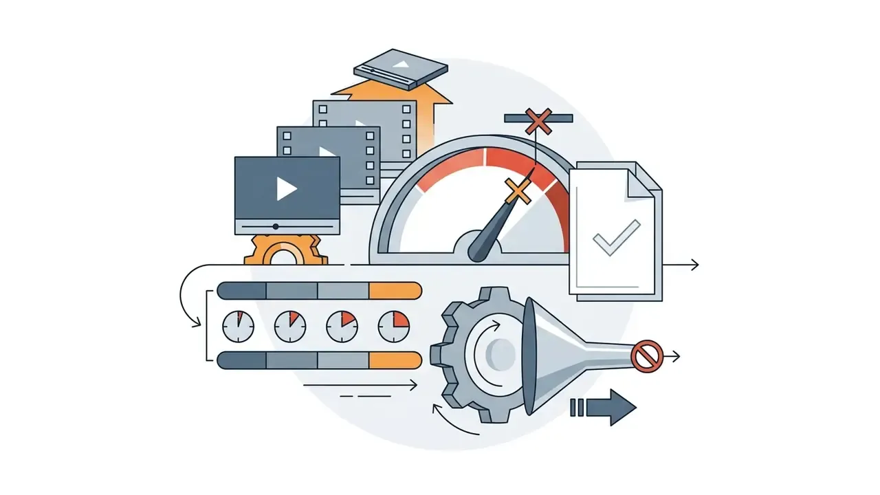 Speedometer with restricted zones, video file icons, and a funnel processing data into limited segments