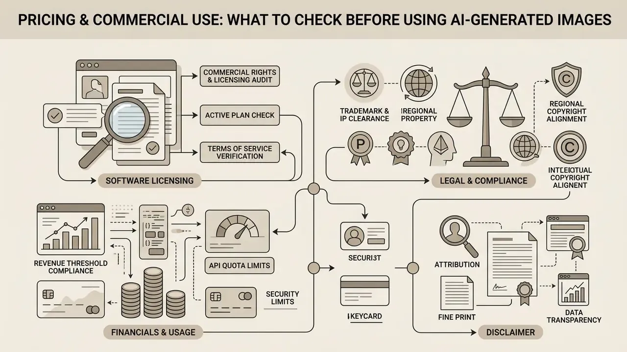 Infographic outlining legal, financial, and compliance steps for using AI-generated images commercially