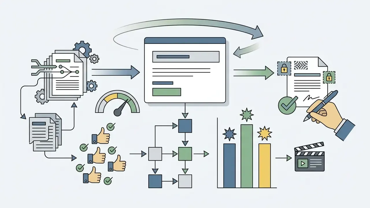 Documents and feedback icons feeding into a processing hub that outputs verified video content