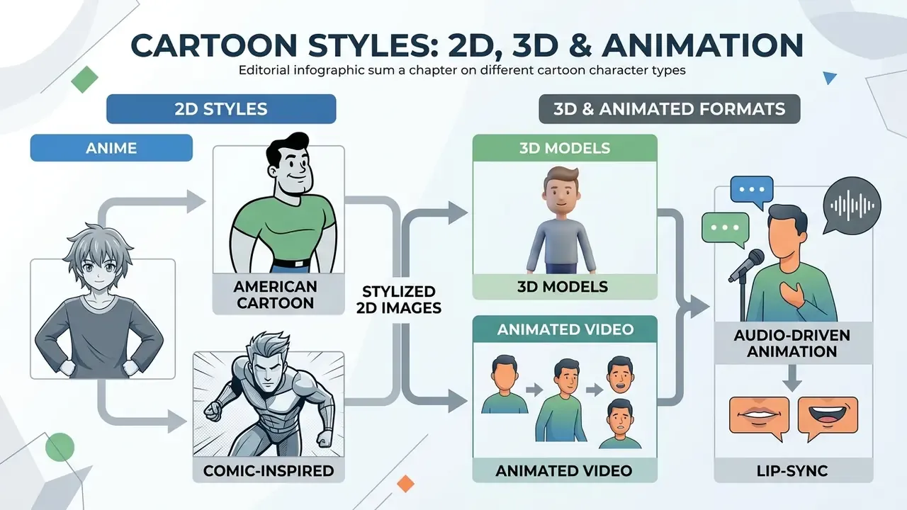 Flowchart categorizing character design into 2D styles, 3D models, animated video, and lip-sync animation