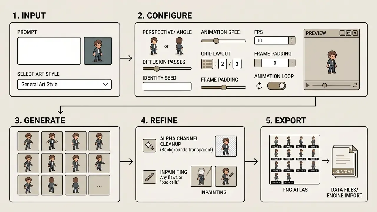 Step-by-step process diagram showing character sprite generation from text prompts through to final export