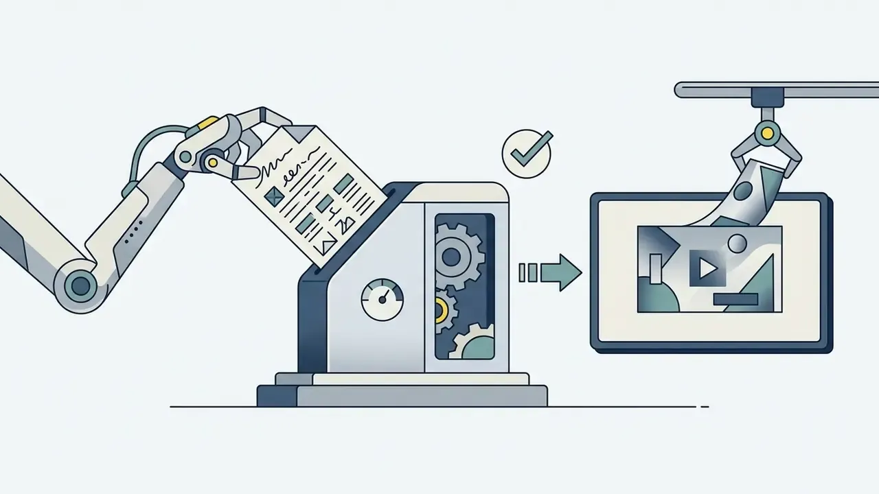 Robotic arm feeding a document into a gear-driven machine that outputs a video file onto a digital screen