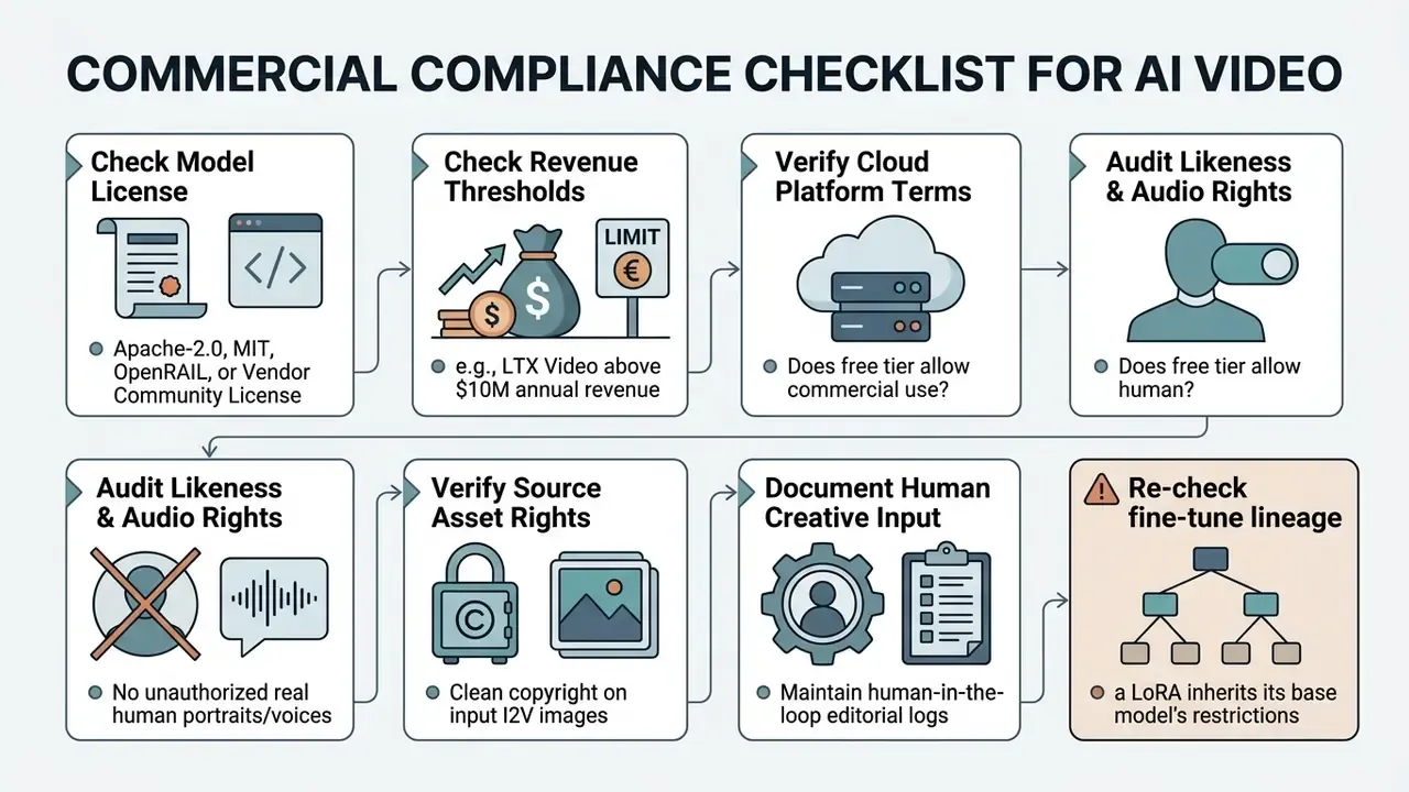 Sequential checklist for evaluating commercial compliance when using an open source AI video generator