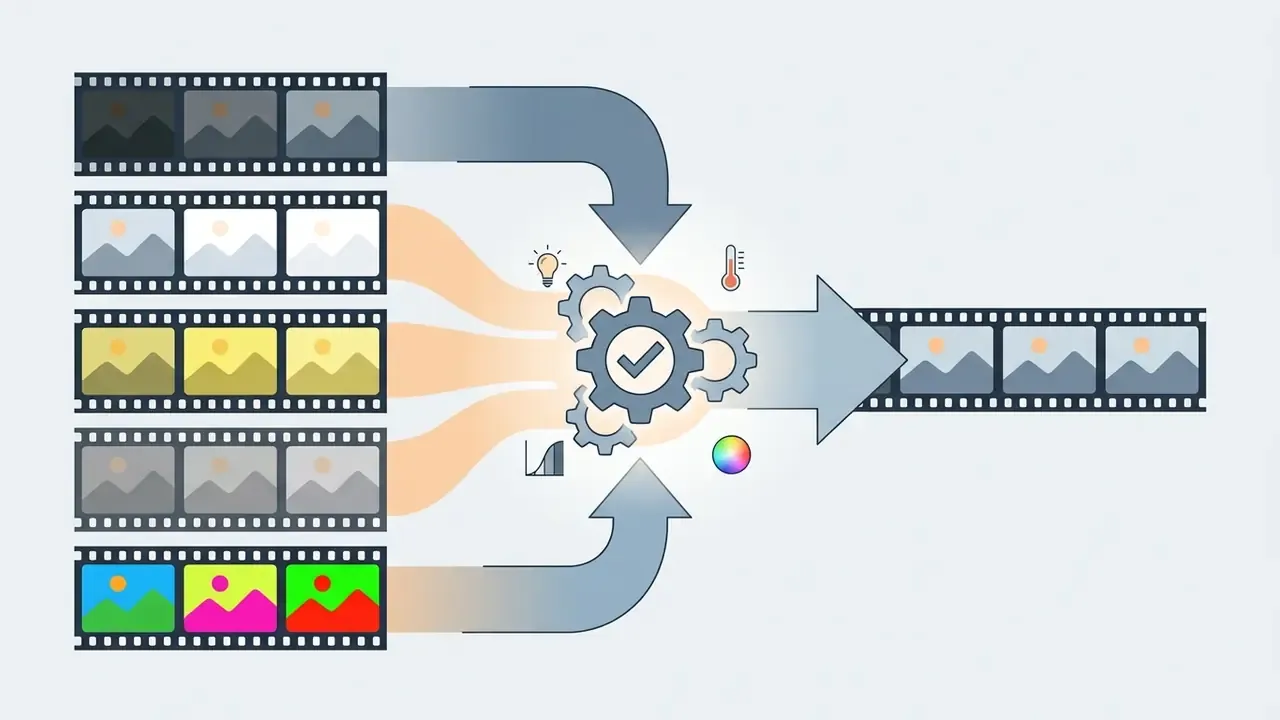 Multiple film strips with varying color tones merging into a gear mechanism for technical normalization
