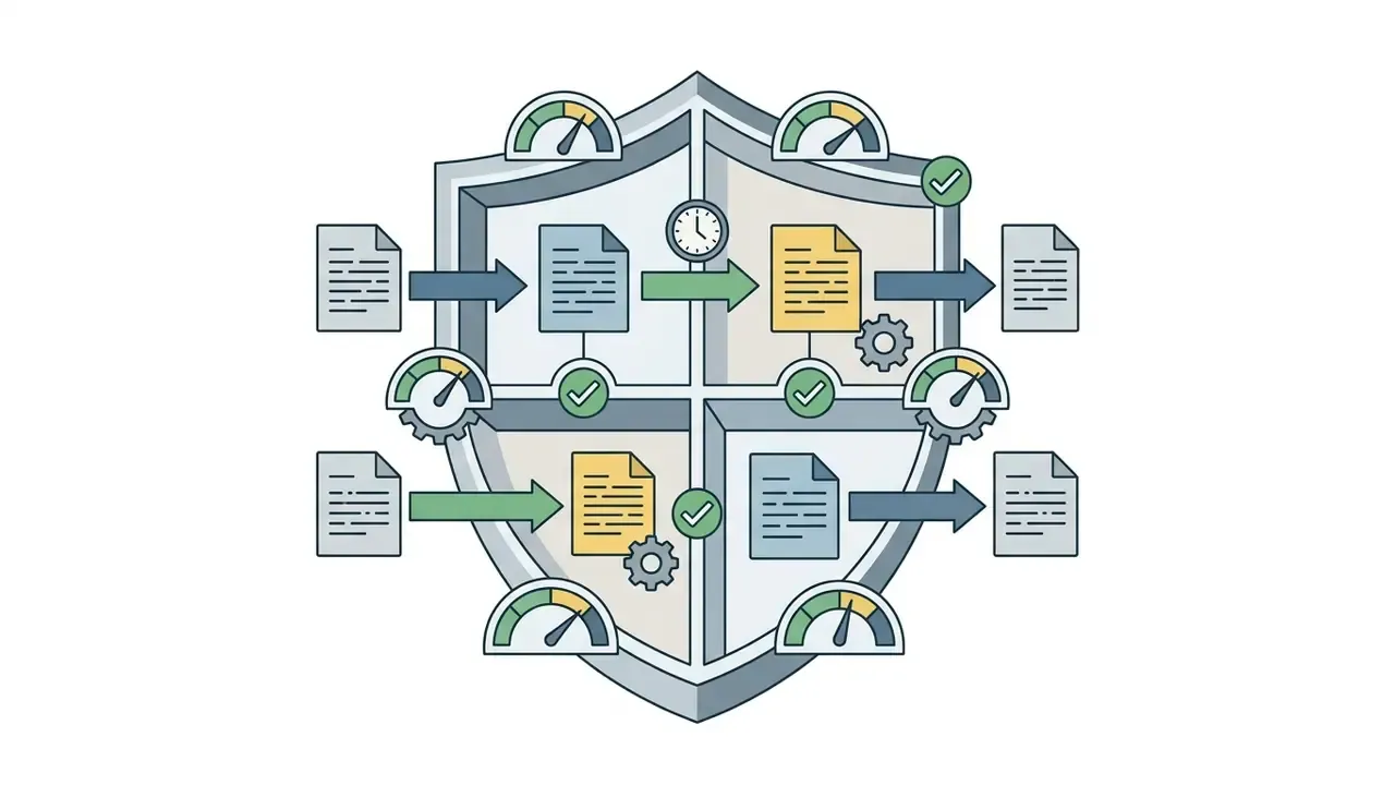 Documents passing through a shield icon with performance gauges and checkmarks indicating compliance processing