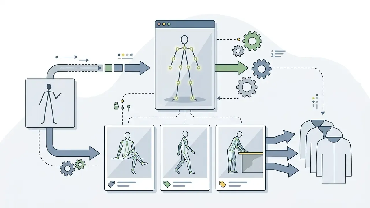 Skeletal pose data being saved as reusable assets to generate consistent figures for product catalogs