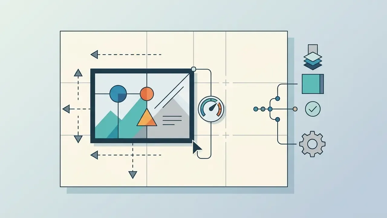Digital canvas with a draggable frame, adjustment gauge, and icons for layering and settings