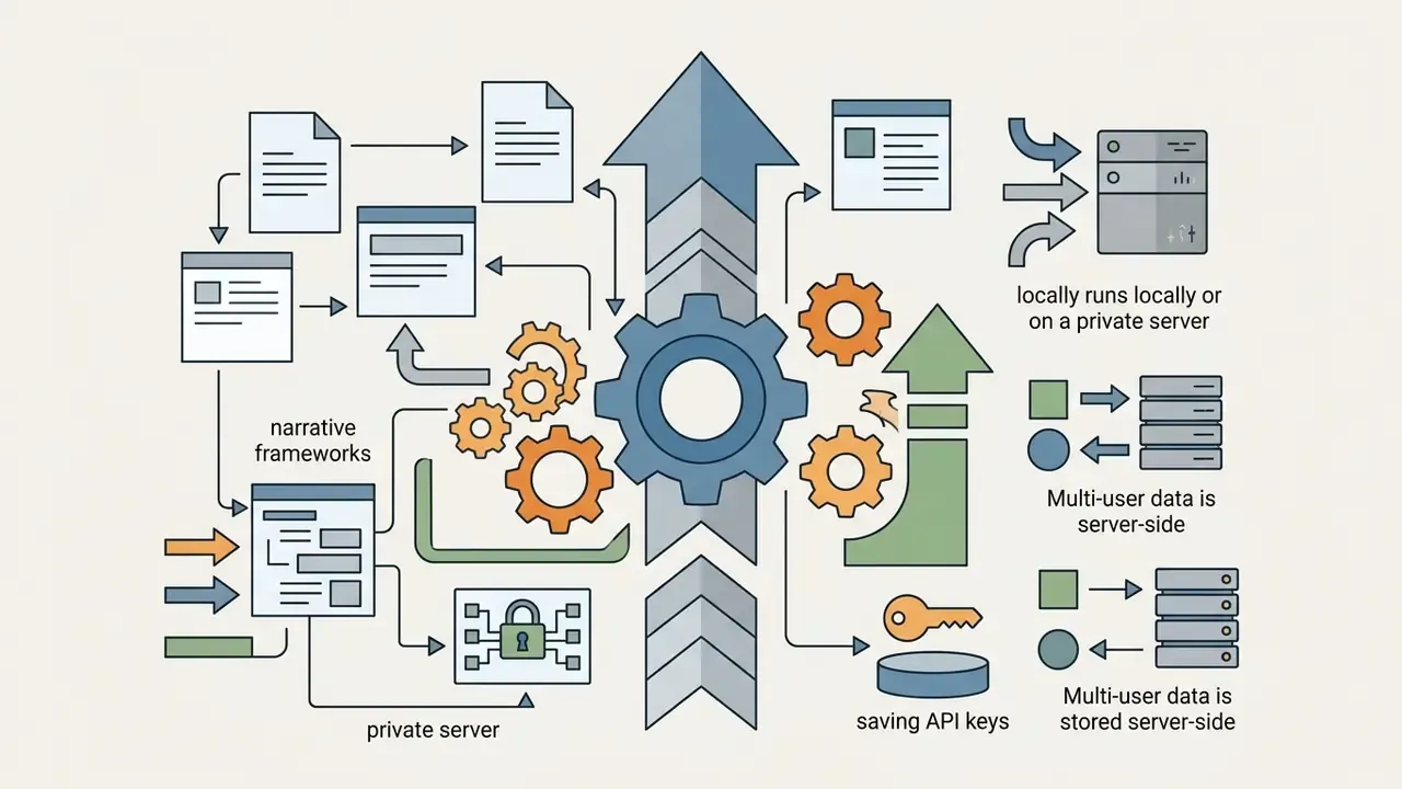 Central gear and upward arrows surrounded by document icons and server connections for data management