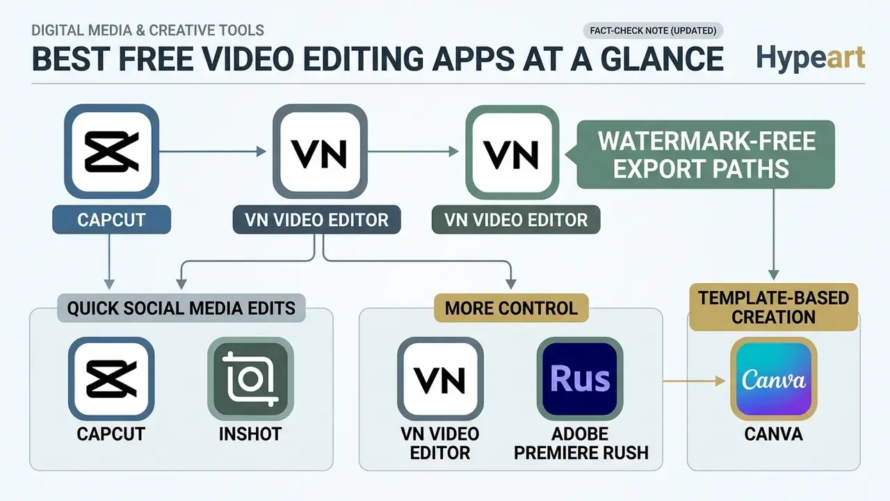 Flowchart categorizing CapCut, InShot, VN Video Editor, Adobe Premiere Rush, and Canva by usage style
