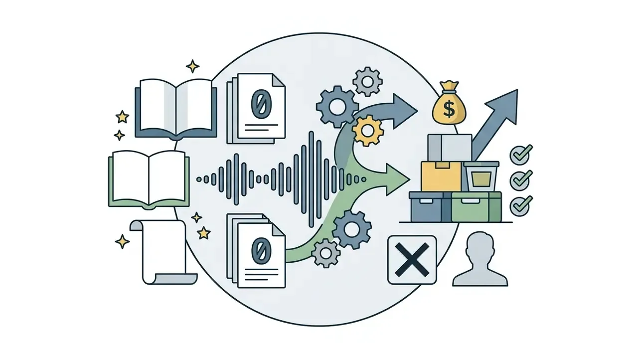 Icons of documents and sound waves transitioning into a stack of boxes with a money bag and checkmarks