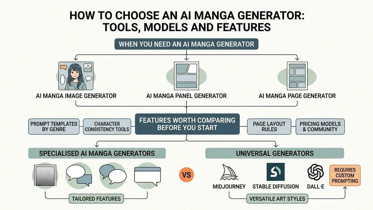 Decision tree comparing specialized versus universal tools for creating manga and comic page layouts