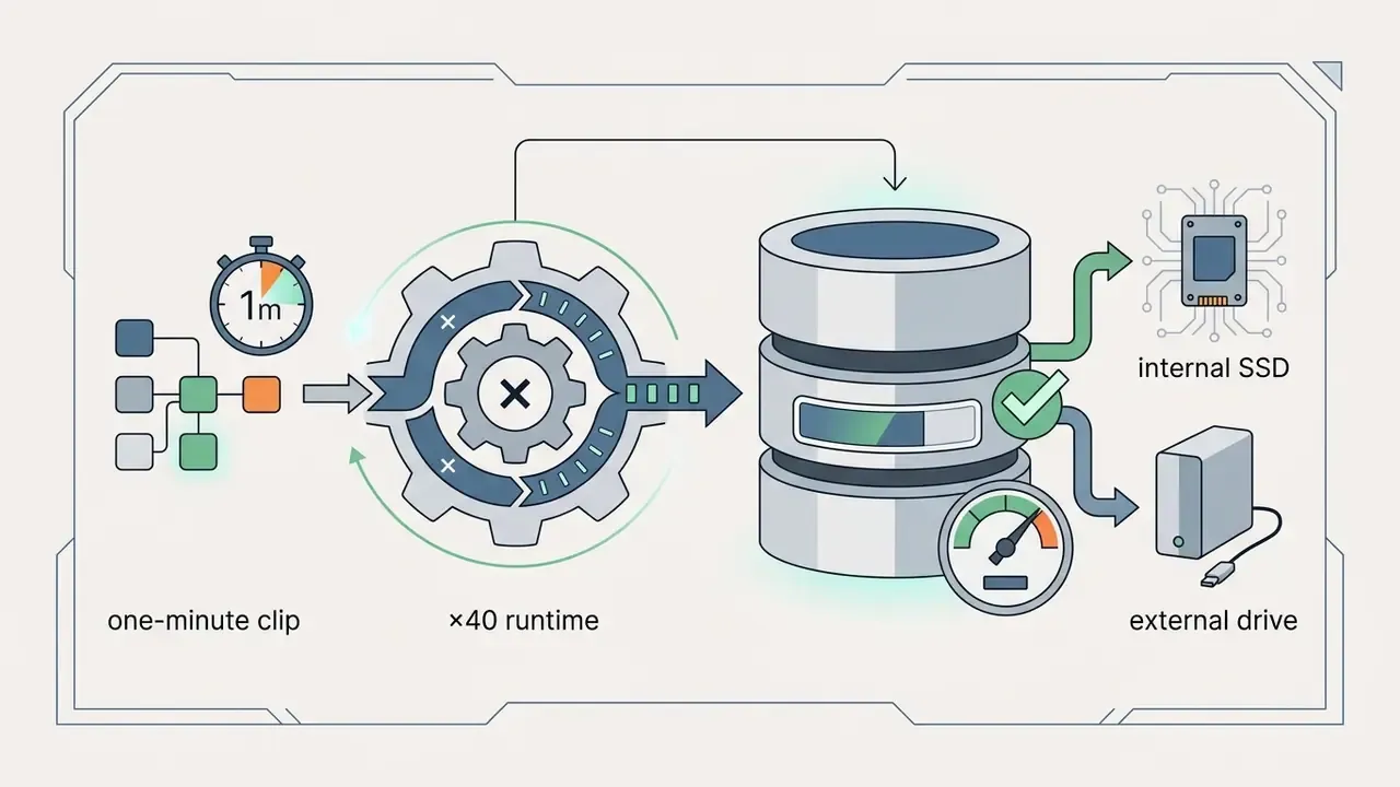 Calculation process multiplying one-minute clip size for storage on internal SSD or external drives