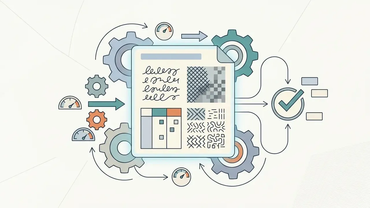 Document with handwriting and complex patterns being processed by gears and gauges into verified data