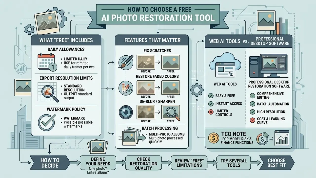Infographic comparing free AI photo restoration tools by features, limitations, and usage considerations